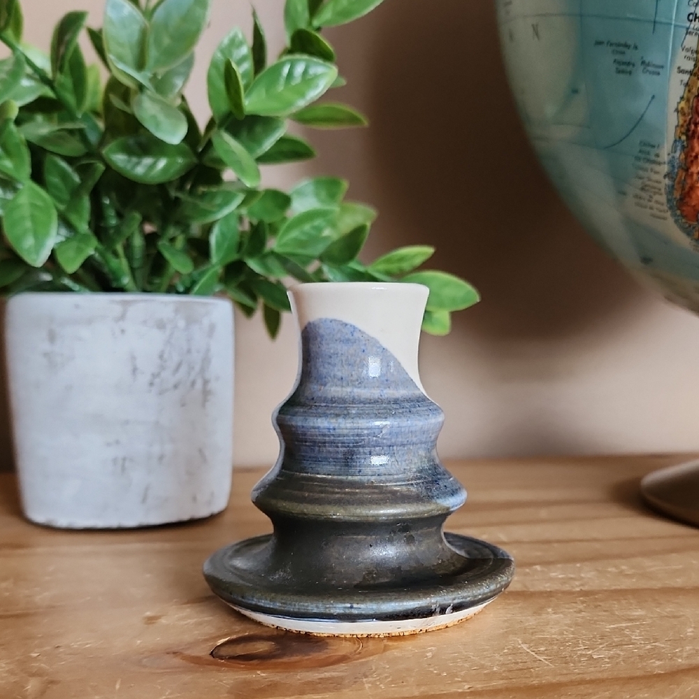 Ceramic Artisan Candle Holder - Blue and Cream